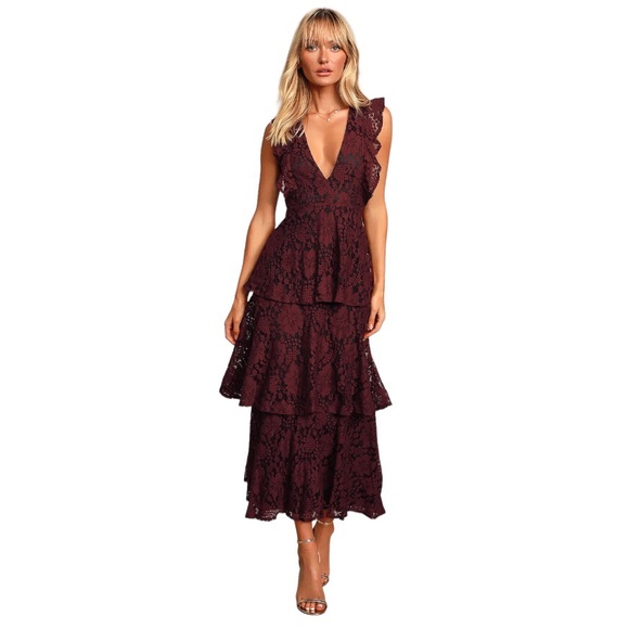 Lulus Dresses & Skirts - Lulu's Molinetto Burgundy Lace Ruffled Tiered Sleeveless Maxi Dress Size Small